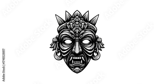 Intricate monochrome tribal mask design with detailed patterns and spikes