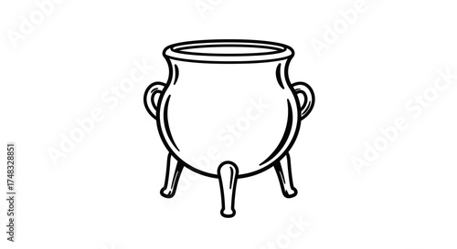 Black and white linear cauldron with handles and legs on white background