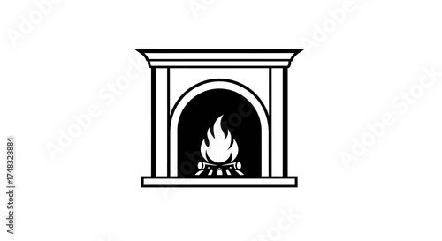 Classic fireplace with burning flames in black and white outline design