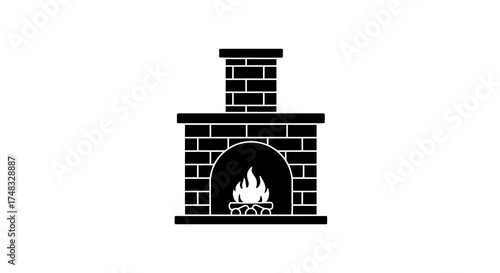 Cozy brick fireplace silhouette with flames on white background
