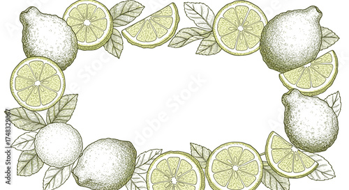 Freshly picked lemons and leaves create a decorative border for text.