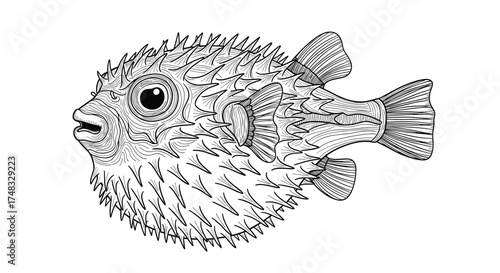 A detailed illustration of a spiky pufferfish ready to inflate its body and defend itself from predators.