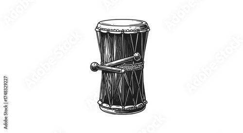 Traditional drum with sticks in detailed black and white sketch style