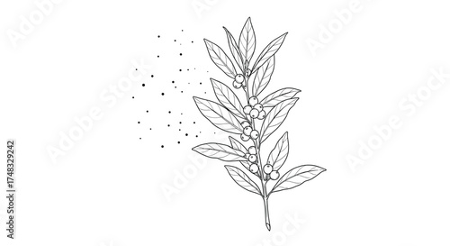 A delicate branch with leaves dispersing into tiny particles representing growth and natural transformation.