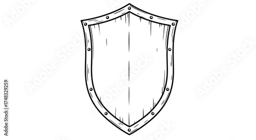 Hand drawn shield design in black and white outline with wood grain texture