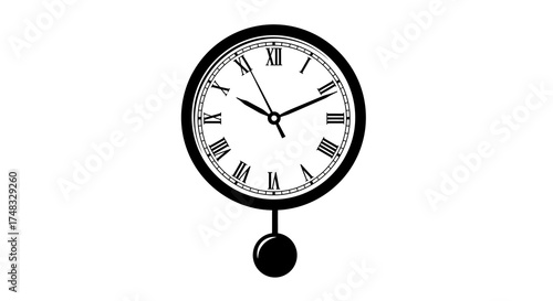 Elegant roman numeral clock with pendulum on white background