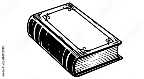 Vintage hardcover book with blank ornate frame in black and white