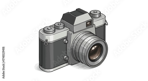 Classic film camera sketch with detailed shading in isometric view