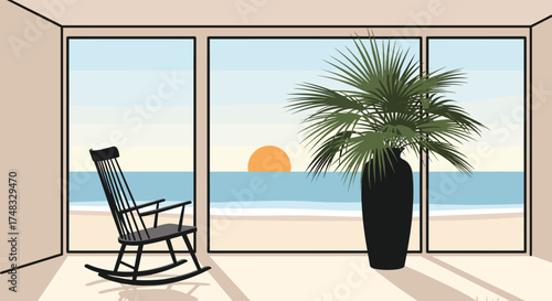 A tranquil scene unfolds through a large window overlooking the ocean.