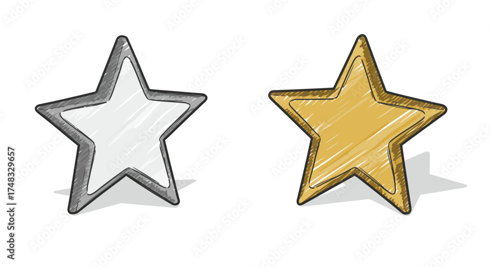 Fototapeta premium Hand-drawn metallic star icons on white with shadow effects