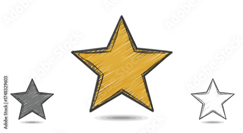 Hand drawn star trio with shaded style in gray, gold, and white
