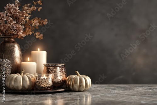 A luxurious Thanksgiving concept featuring a vase with beautiful flowers and candles elegantly arranged on a marble table. Golden pumpkins add a touch of glamour to the scene.