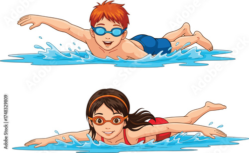 Cartoon children swimming front crawl, aquatic activity moment, water sport illustration, playful fitness scene, dynamic vector, cad drawing flat vector illustration
