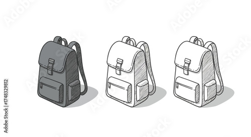 Sketch style backpacks with two colors and shadows