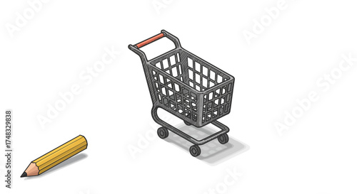 Isometric shopping cart with pencil: conceptual design on white background