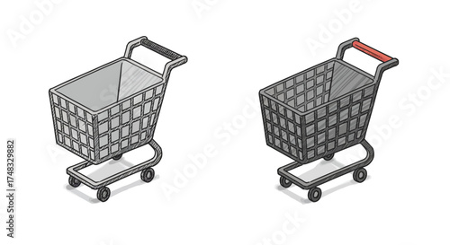 Isometric shopping cart designs with red handle and detailed grid structure