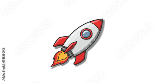 Cartoon rocket with red accents and fire launching on white background