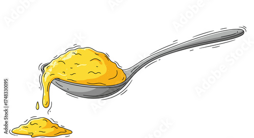 A close up image of a shiny metal spoon overflowing with golden honey dripping onto a white background.