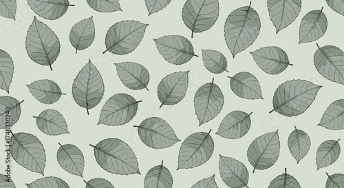 A multitude of stylized green leaves create a repeating pattern on a pale green background.