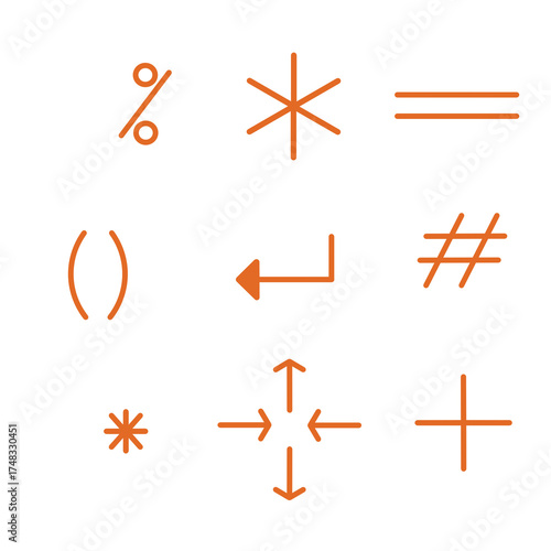 Doodle icon sign set mathematic and computer symbol  illustration with orange colorful color that can be use for social media, sticker, wallpaper, decoration, card, e.tc..