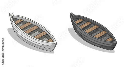 Wooden rowboats isometric design in black and white with shadow