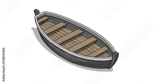 Wooden rowboat isometric view with shadow on white background