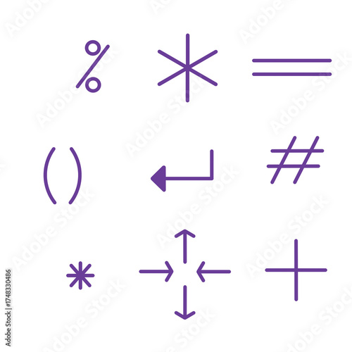 Doodle icon sign set mathematic and computer symbol  illustration with  purple colorful color that can be use for social media, sticker, wallpaper, decoration, card, e.tc..