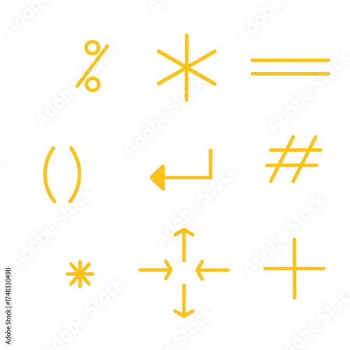 Doodle icon sign set mathematic and computer symbol  illustration with yellow colorful color that can be use for social media, sticker, wallpaper, decoration, card, e.tc..