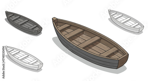 Collection of wooden rowboat models in 3d isometric style