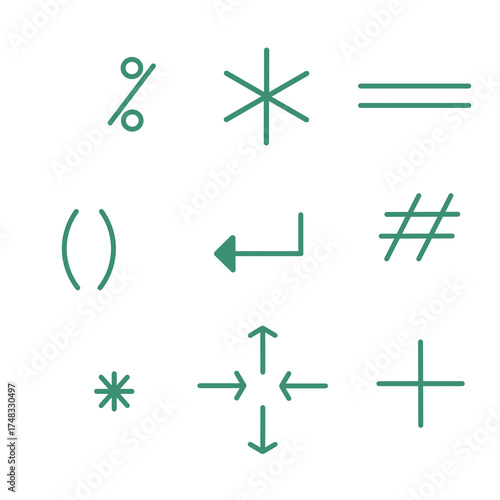 Doodle icon sign set mathematic and computer symbol  illustration with green colorful color that can be use for social media, sticker, wallpaper, decoration, card, e.tc..