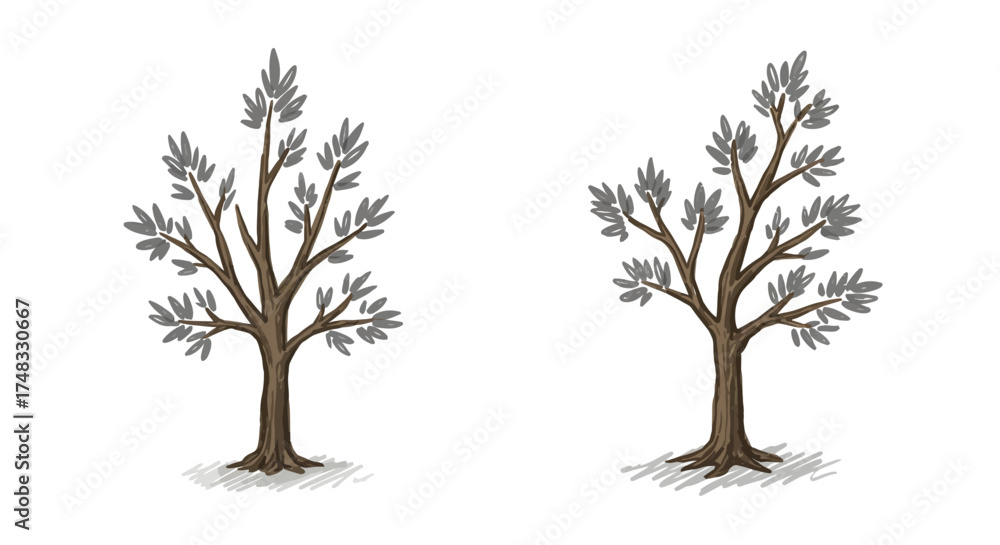 Obraz premium Hand drawn leafy trees with creative artistic branches and roots