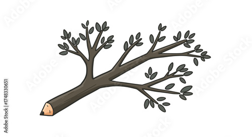 Simple cartoon tree branch with leaves on white background