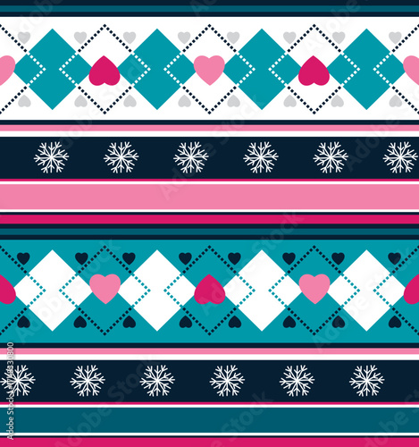 Seamless geometric fairisle pattern. Repeating vector print with a pink and white snowflake design on a turquoise blue background. Apparel textile pattern.