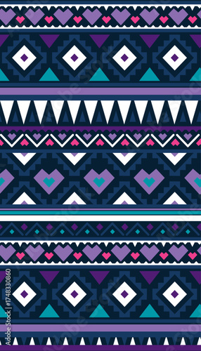 Seamless tribal motif pattern. Repeating vector print with a purple, blue, white and pink geometric heart design on a navy blue background. Apparel textile pattern.