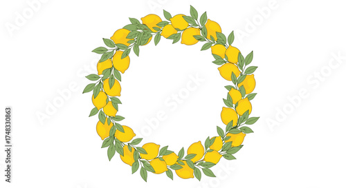 A vibrant circular wreath composed of bright yellow lemons and fresh green leaves adorning a white background.