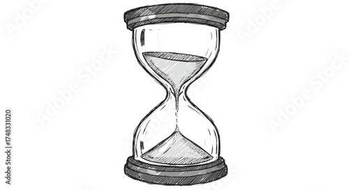 Hand-drawn hourglass with flowing sand in monochrome sketch style