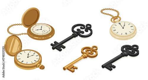 Isometric antique pocket watches and vintage keys collection on white background