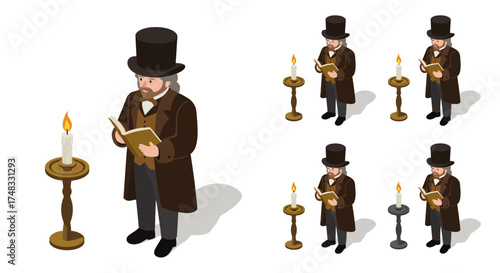 Isometric victorian gentleman reading by candlelight in classic attire