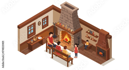 Cozy family gathering around fireplace in isometric living room interior