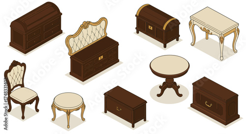 Elegant isometric furniture set with classic wooden designs