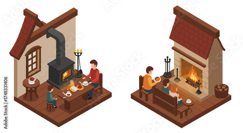 Cozy isometric family moments by the fireplace in a warm rustic interior
