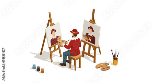 Isometric artist painting self-portrait in studio with brushes and easels