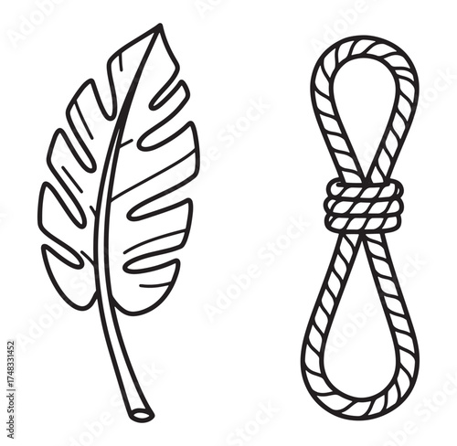 Black and white tropical monstera leaf and rope loop illustration isolated on white