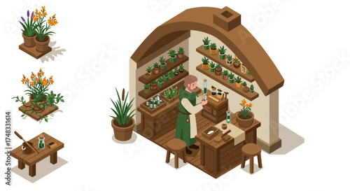 Isometric apothecary shop with herbal plants and potion making