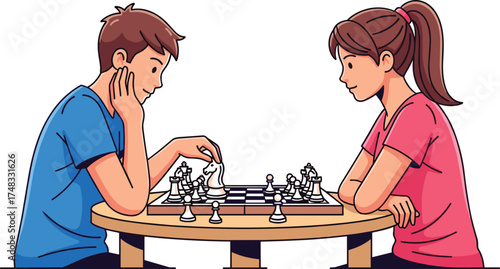 Cartoon people playing chess, strategic thinking moment, intellectual board game scene, focused players illustration, playful vector, cad drawing flat vector illustration