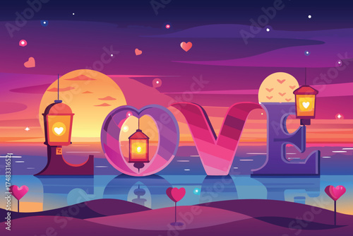 Love letters and lanterns on a twilight sea vector