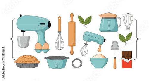 Collection of baking utensils and ingredients for making delicious desserts and pastries.