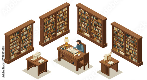 Isometric study room with bookshelves and desk in vintage style