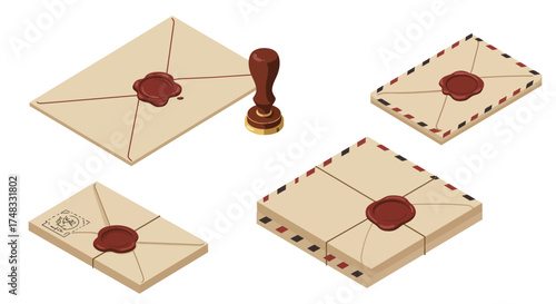 Vintage wax sealed envelopes and stamp set in isometric design