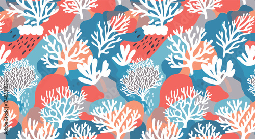 Abstract pattern with white coral branches and coral red shapes on a blue textured background.